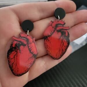 Red anatomical heart acrylic two sided drop earrings